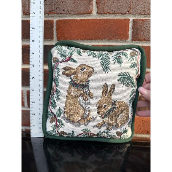 Tapestry Bunny Rabbit Pillow Red Velvet Back 8x8 - Picture 3 of 3
